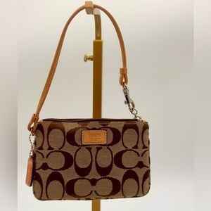 Coach Signature Brown Canvas Mini Wristlet with Leather Trim